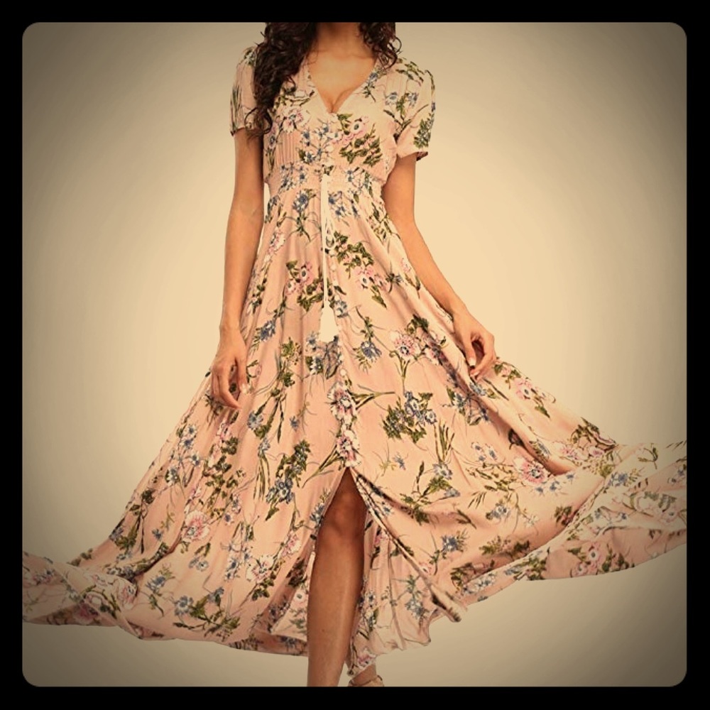 Boho Button Front Floral Maxi Dress. Size Lg. - Picture 1 of 4